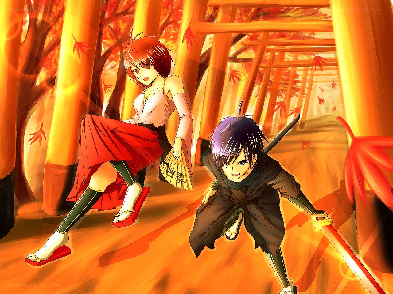 Anime characters in autumn forest
