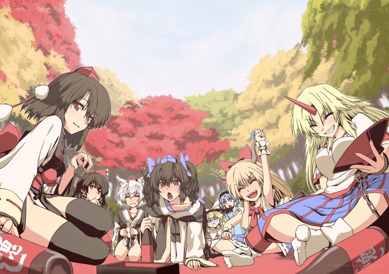 Anime characters in autumn gathering