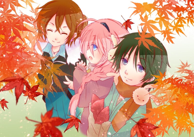 Anime characters in autumn leaves