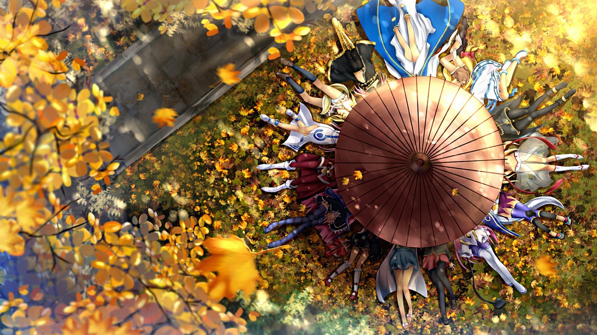 anime characters in autumn leaves