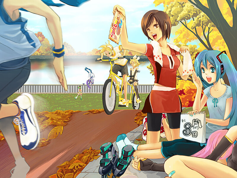 Anime characters in autumn park