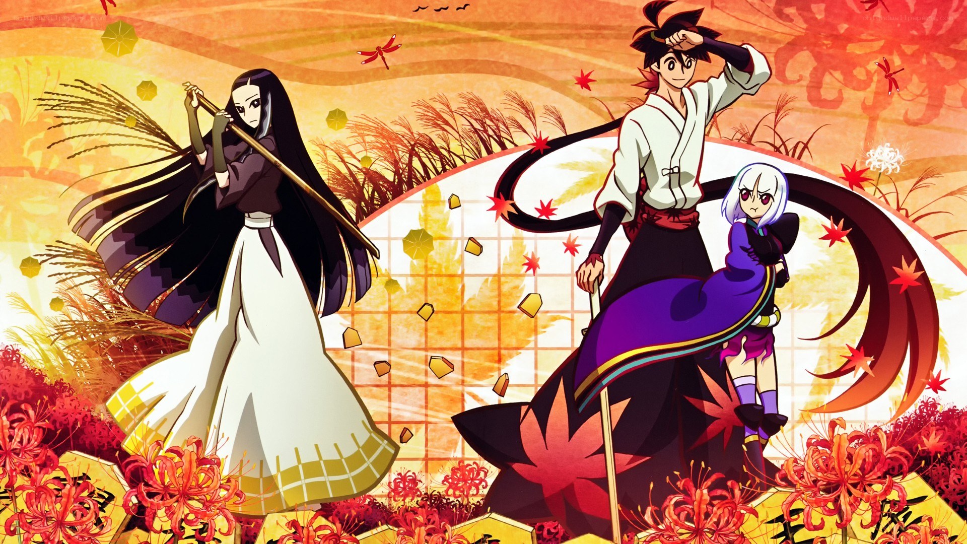 Anime characters in autumn setting