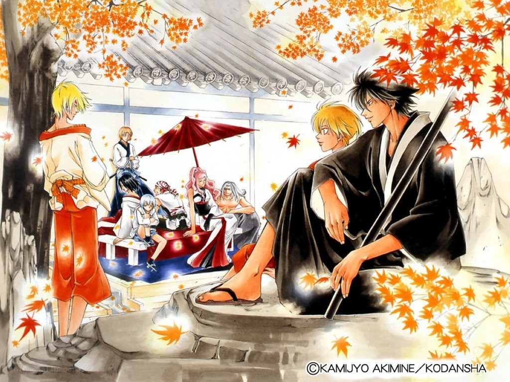 Anime characters in autumn setting
