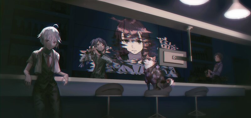 Anime Characters in Bar — Blue, Dark