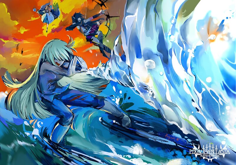 Anime Characters in Battle — Blue, Dramatic, Sunset, Digital Art, Sword