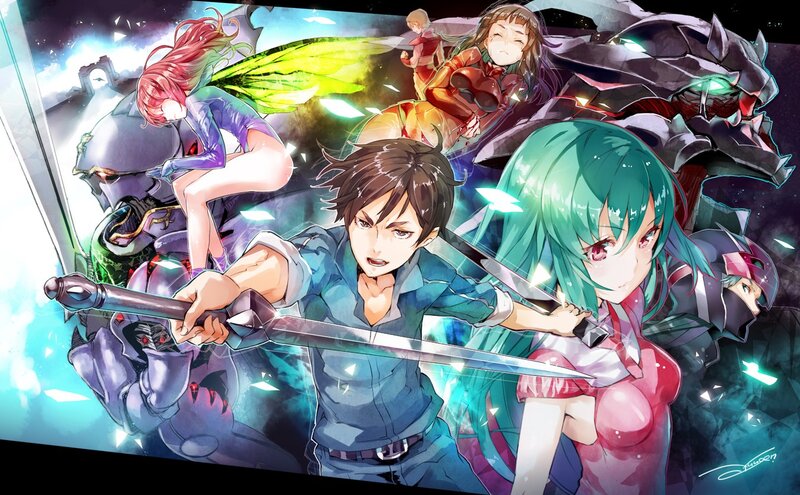 Anime Characters in Battle — Green, Dramatic, Swords, Mechs