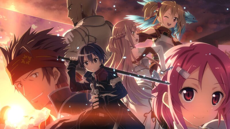 Anime Characters in Battle — Pink, Dramatic, Sunset, Swords, Magic