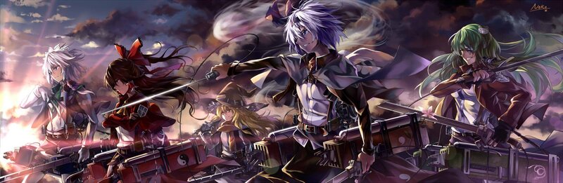 Anime Characters in Battle — Purple, Dramatic, Sunset, Digital Art, Swords, Mechs
