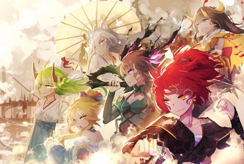Anime Characters in Battle — Red, Dramatic, Afternoon, Digital Art, Swords