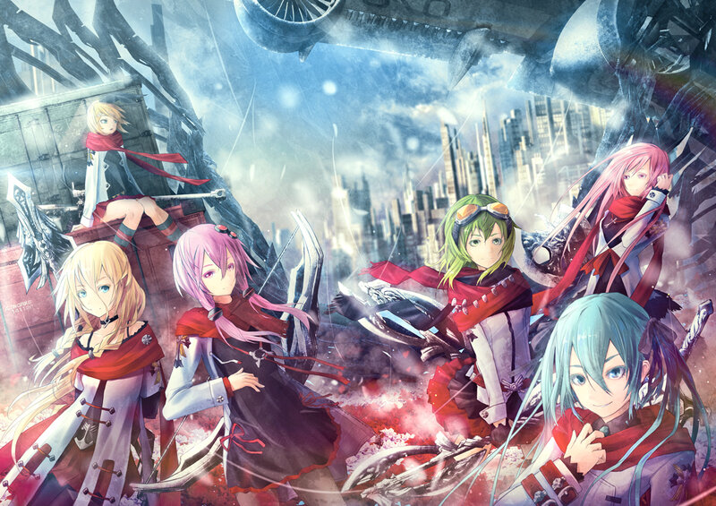 Anime Characters in Battle — Red, Dramatic, Digital Art, City Ruins