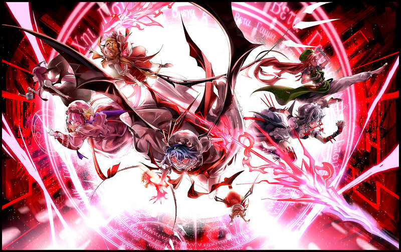 Anime Characters in Battle — Red, Dramatic, Digital Art, Magic Circles