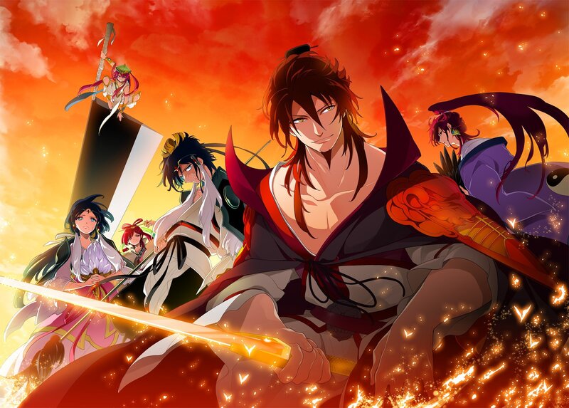 Anime Characters in Battle — Red, Dramatic, Sunset, Sword, Fire
