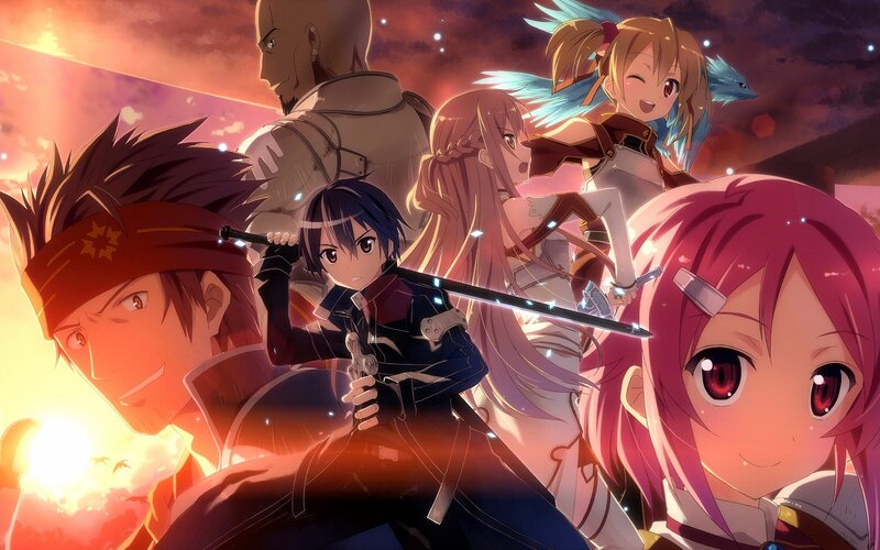 Anime Characters in Battle — Red, Dramatic, Sunset, Swords, Fantasy Creatures