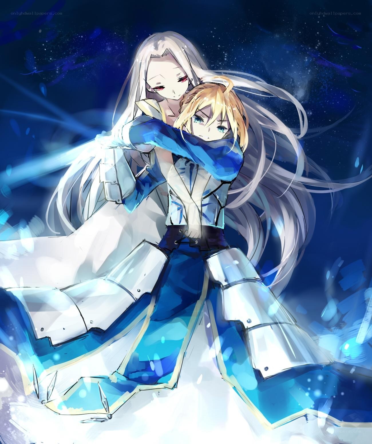 Anime characters in blue armor