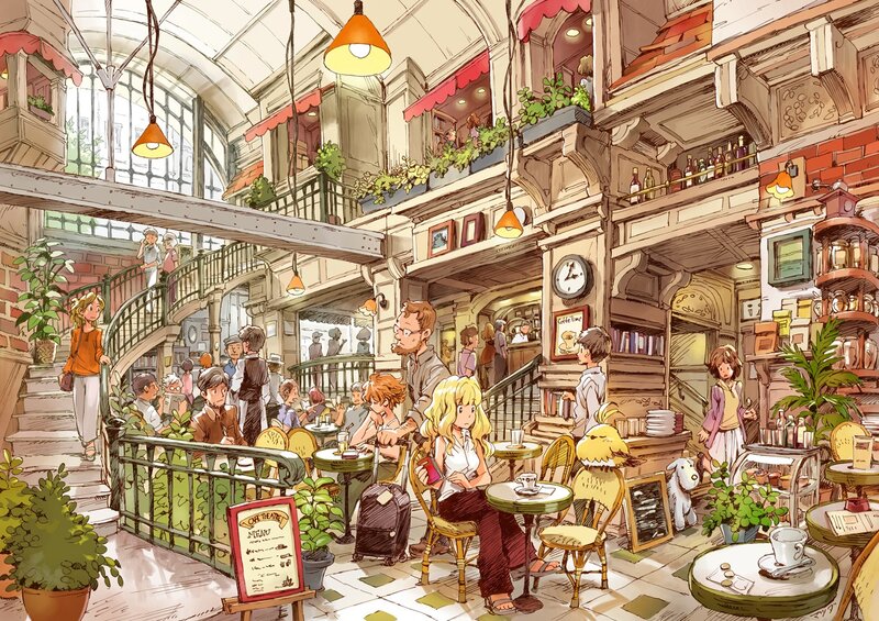 Anime Characters in Cafe — Brown, Lively, Afternoon