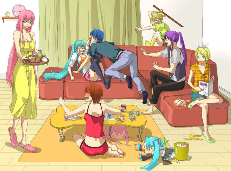 Anime characters in chaotic living room