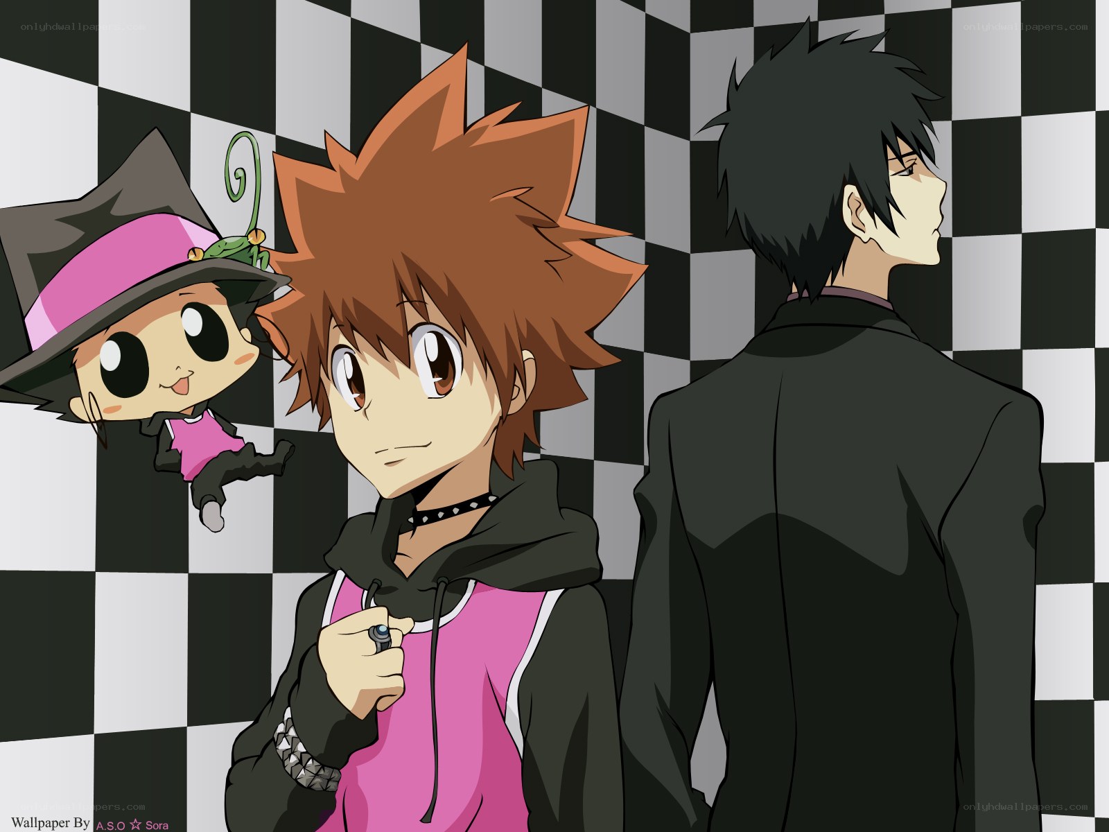 anime characters in checkered room