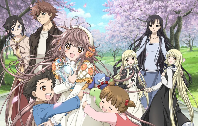 Anime characters in cherry blossom park