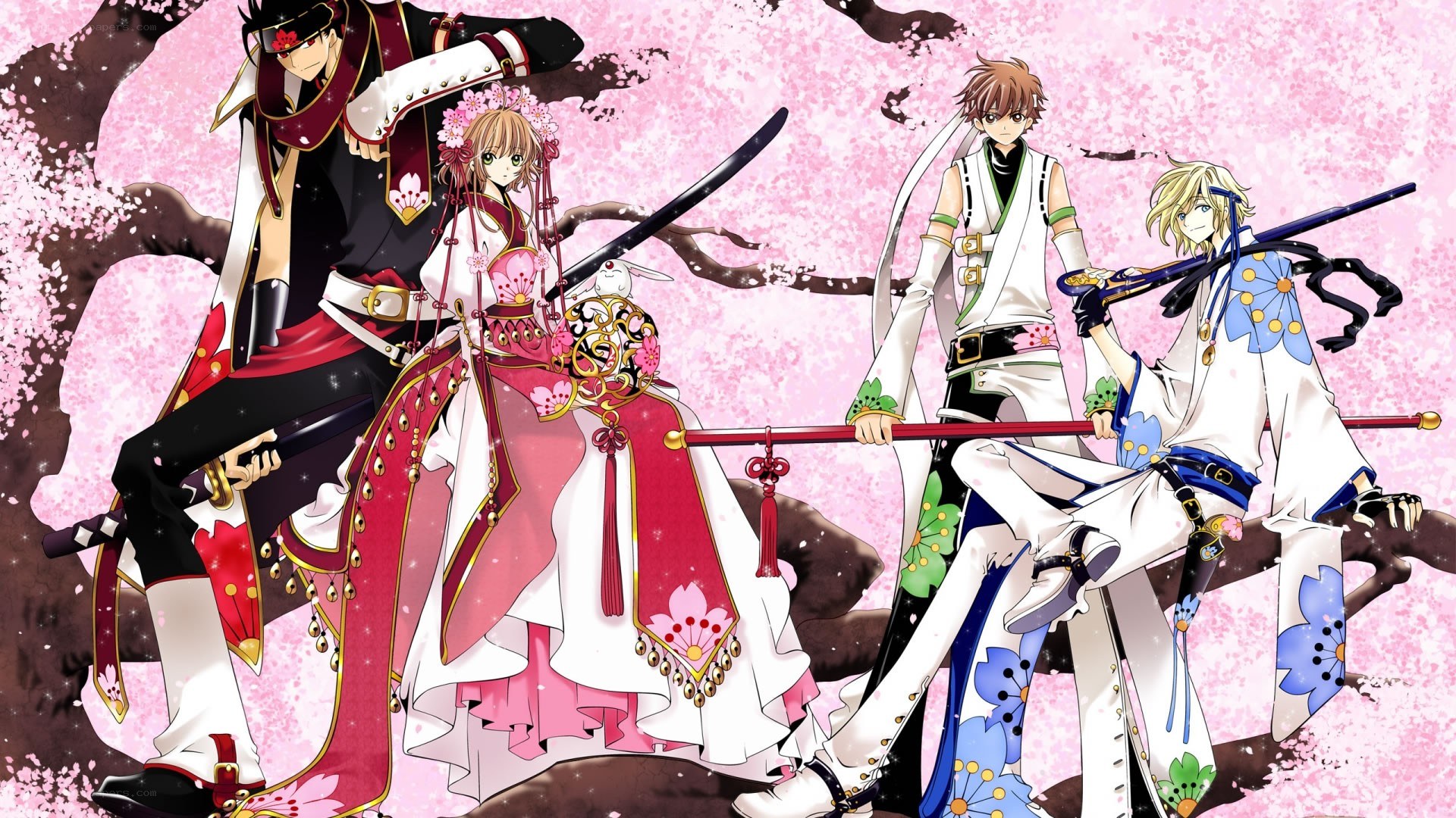 Anime characters in cherry blossom scene