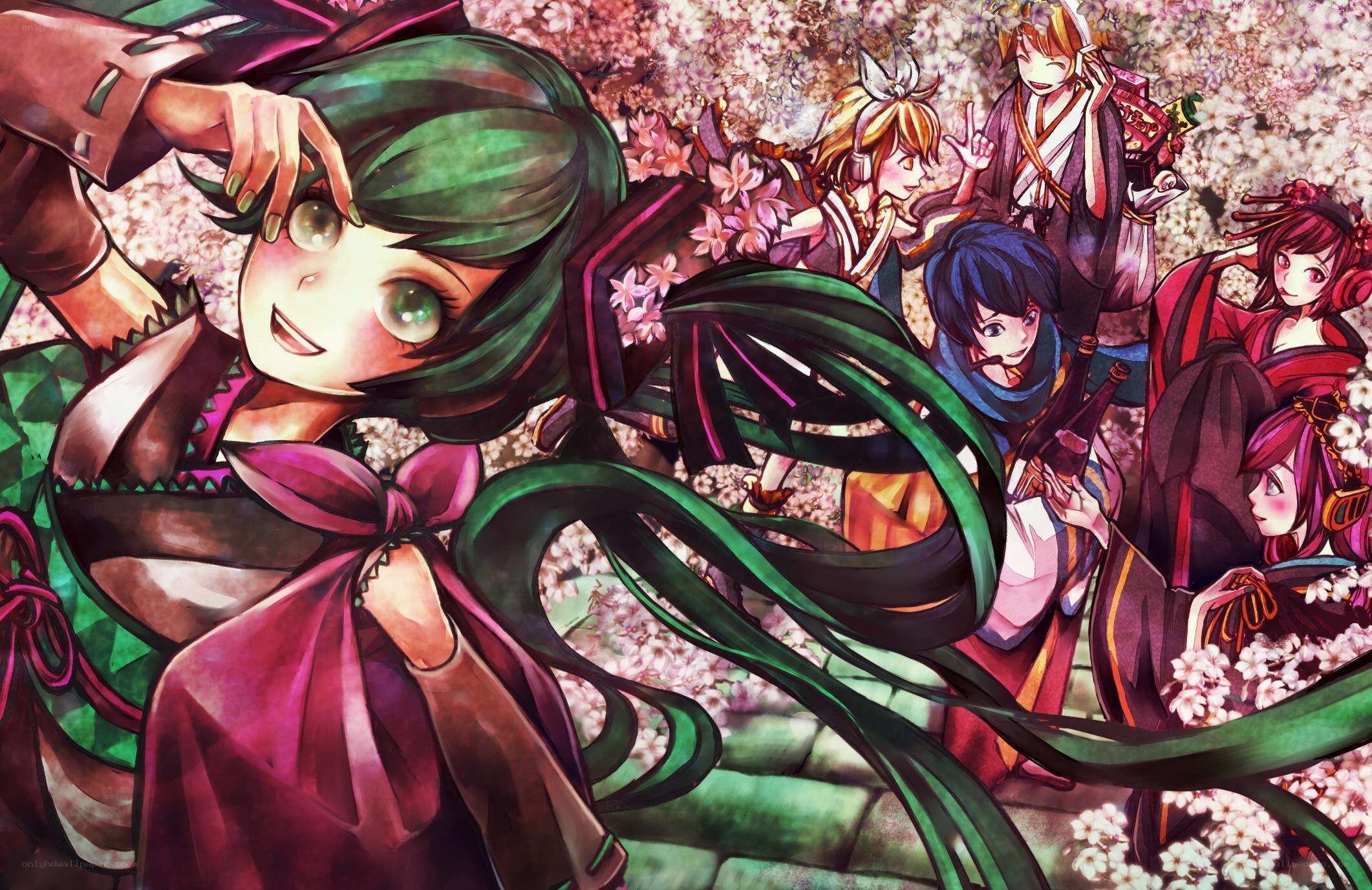 Anime characters in cherry blossoms
