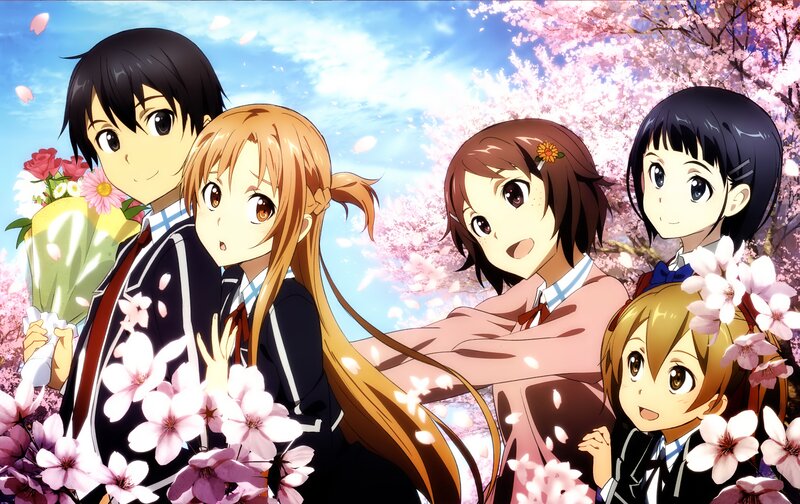 Anime Characters in Cherry Blossoms — Pink, Serene, Spring, Cherry Blossoms