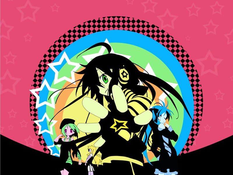 Anime Characters in Circle — Pink, Vibrant, Stars, Checkered Pattern
