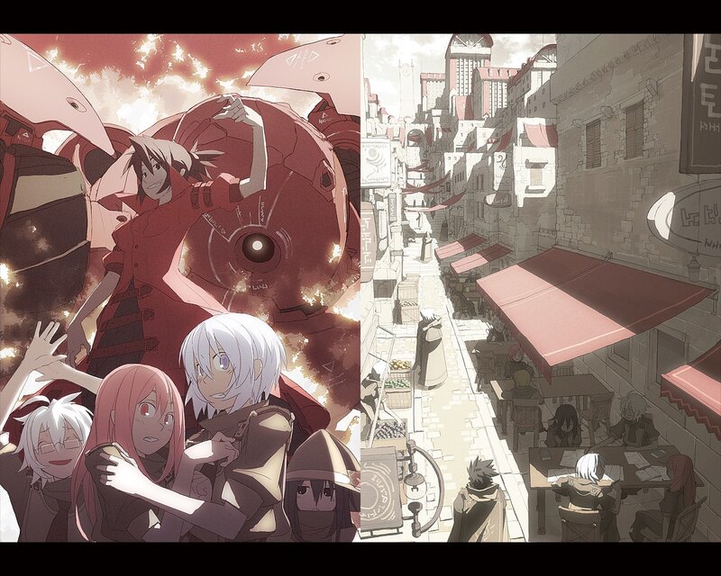 Anime characters in city and battle