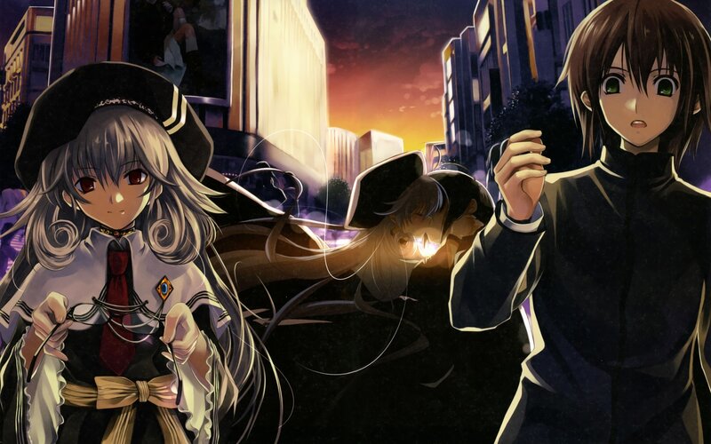 anime characters in city at dusk