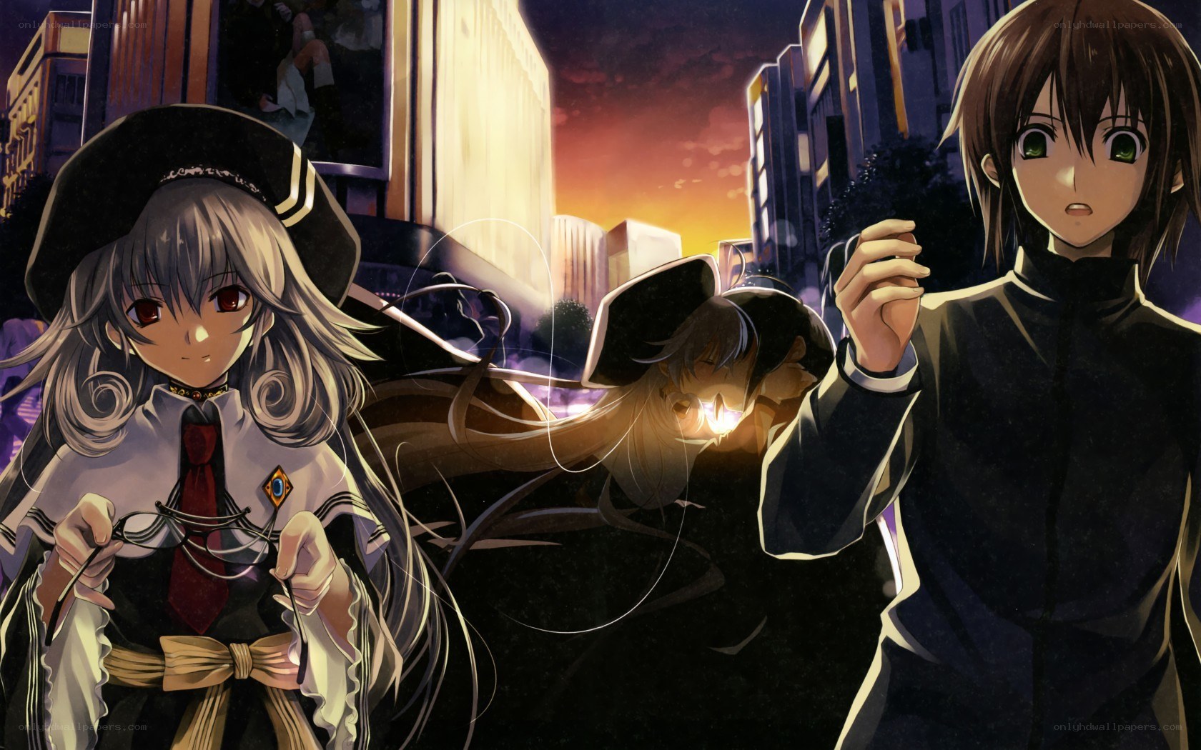 anime characters in city at dusk