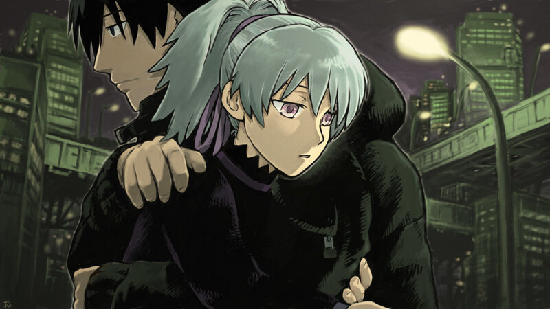 anime characters in city at night