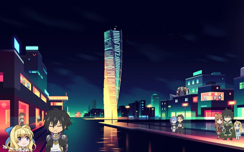 Anime Characters in City — Black, Dramatic, Night