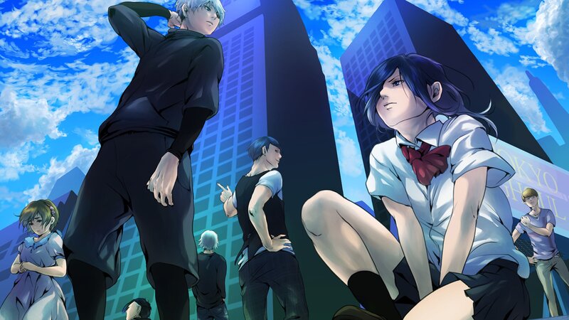 Anime Characters in City — Blue, Dramatic, Afternoon, Manga