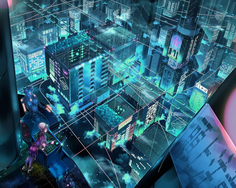 Anime Characters in City — Blue, Dramatic, Night, Digital Art