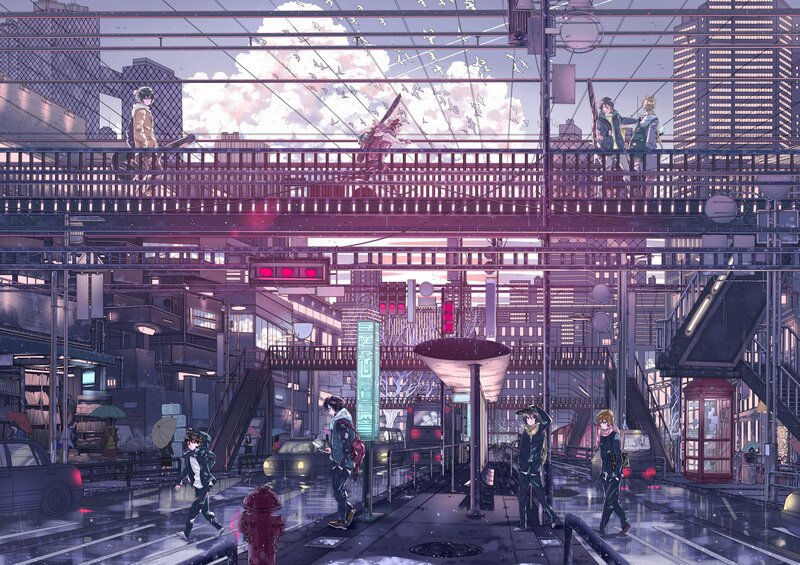 Anime Characters in City — Purple, Dramatic, Sunset, Digital Art