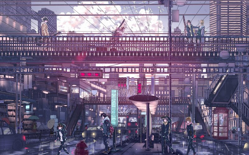 Anime Characters in City — Purple, Dramatic, Sunset