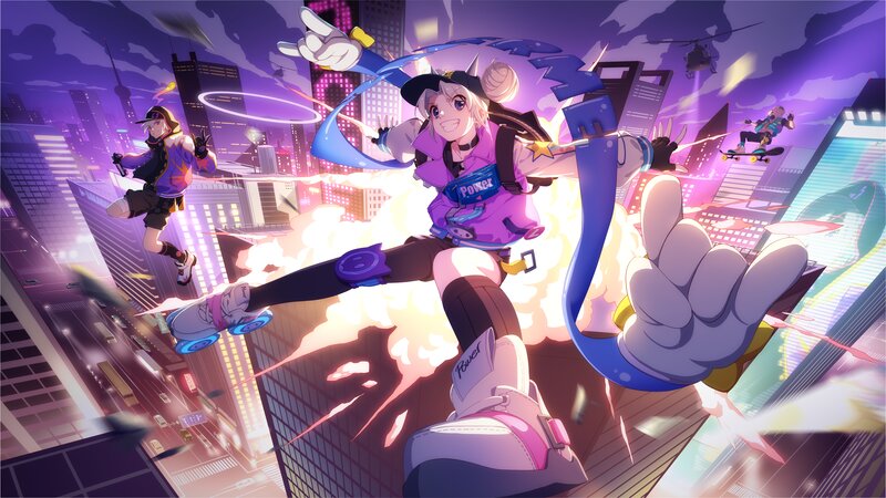 Anime Characters in City — Purple, Dynamic, Energetic