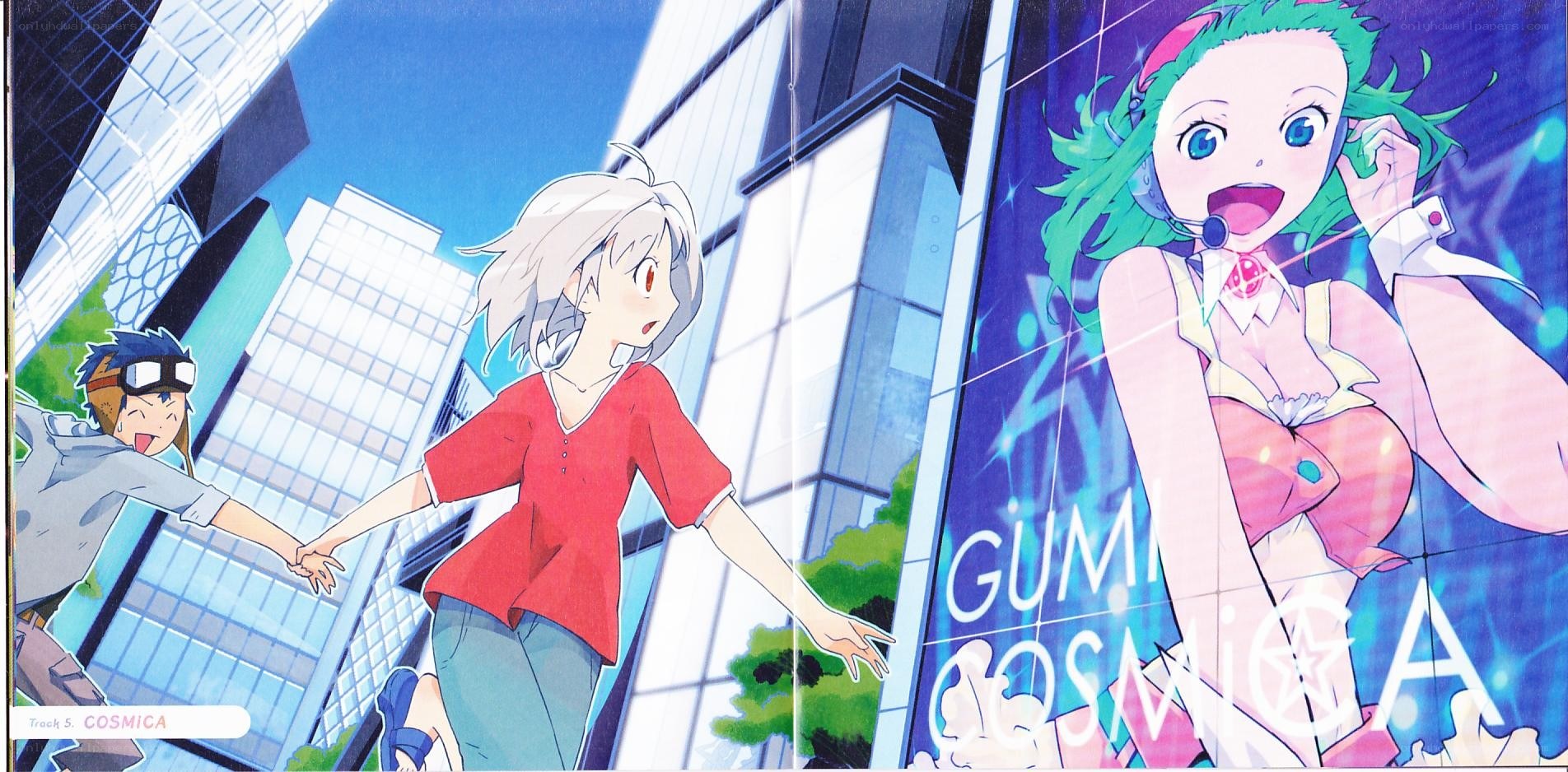 Anime characters in city scene