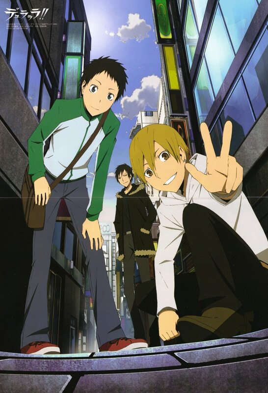 Anime characters in city scene