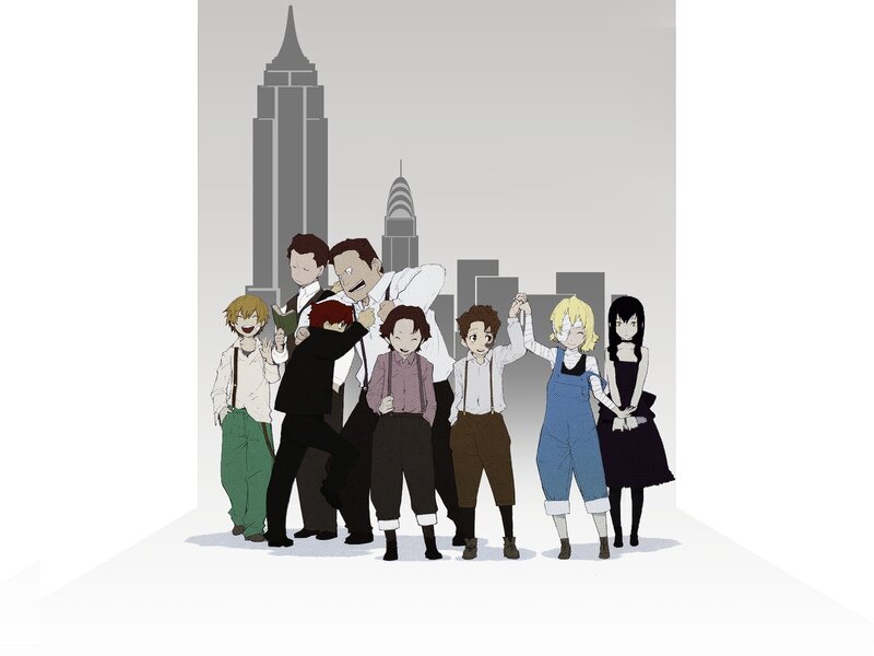 anime characters in cityscape