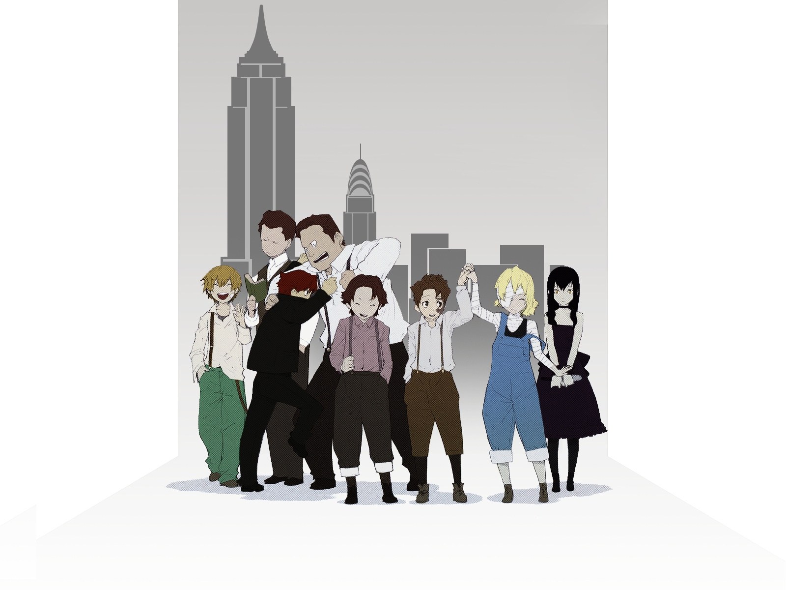 anime characters in cityscape