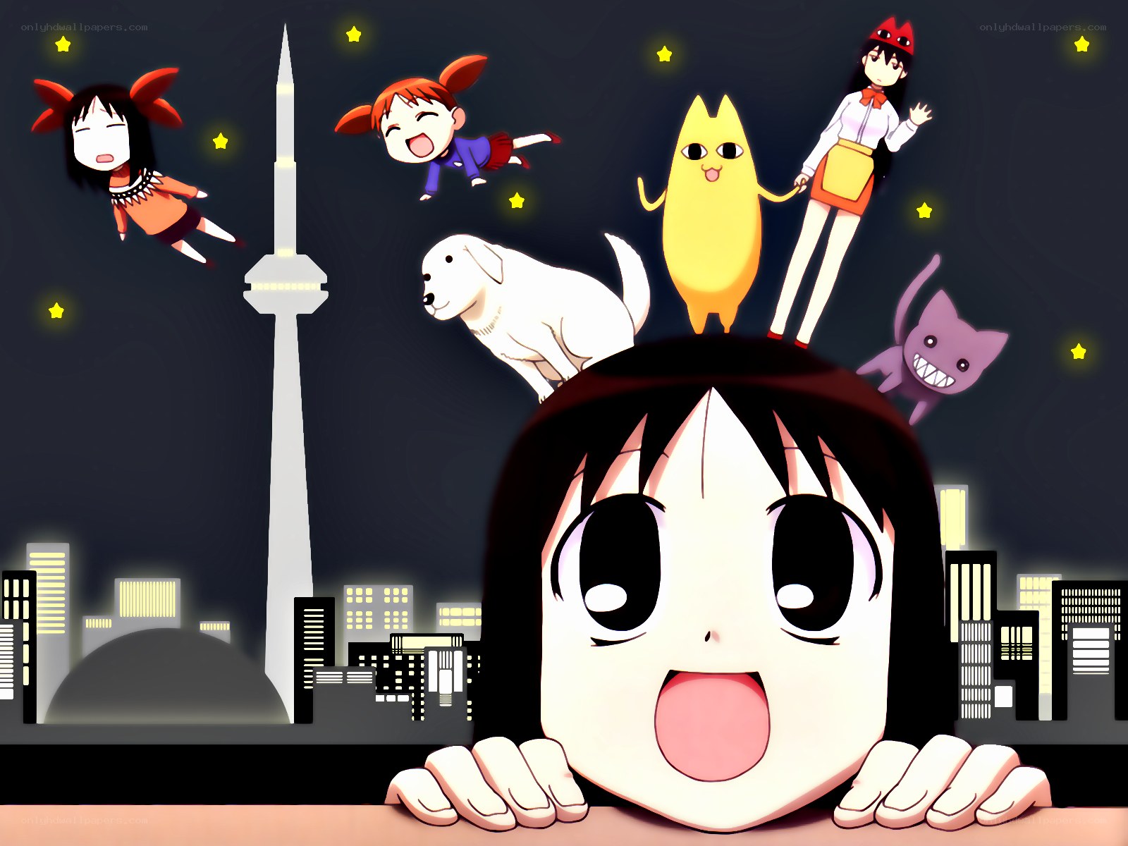 anime characters in cityscape