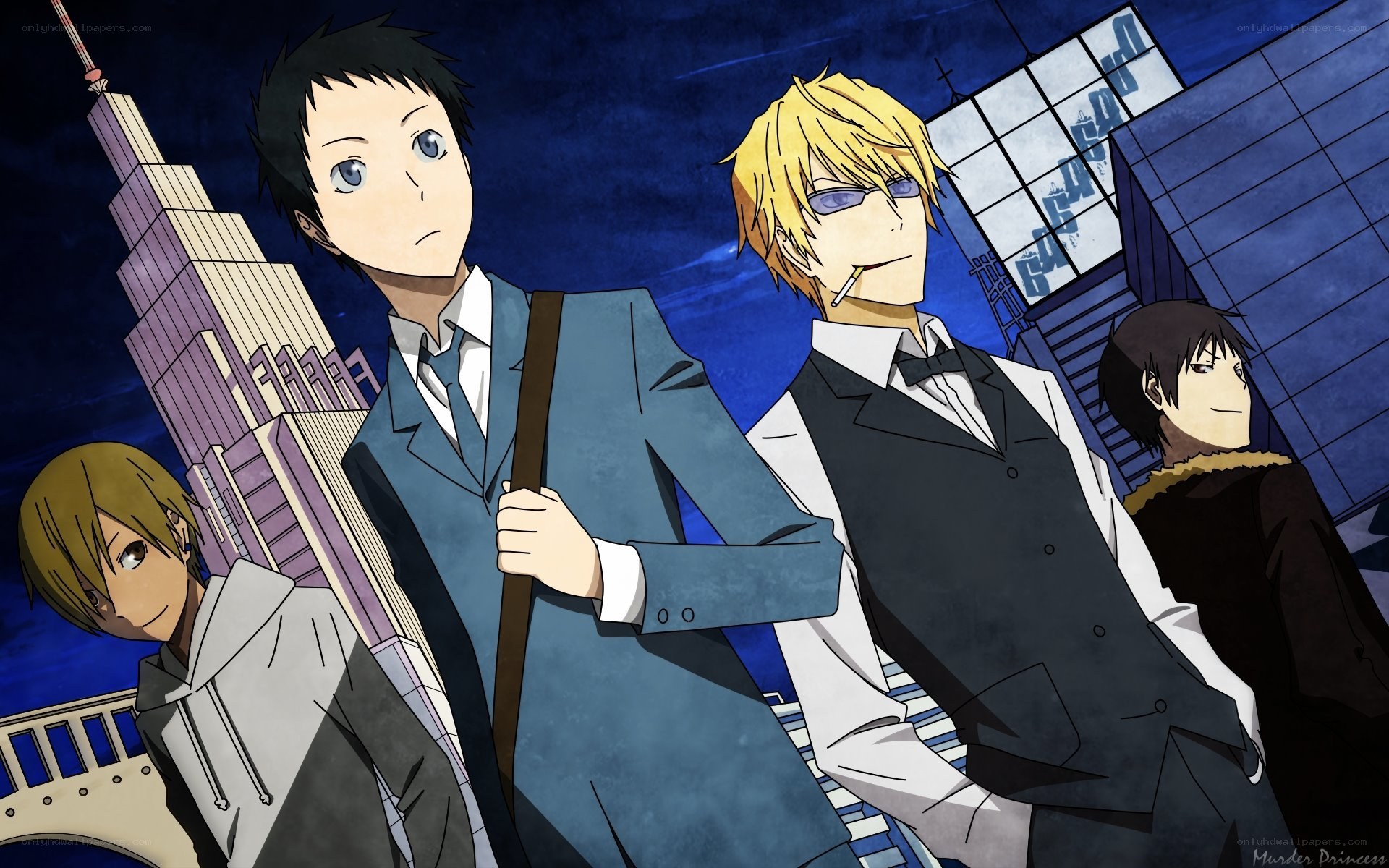 anime characters in cityscape
