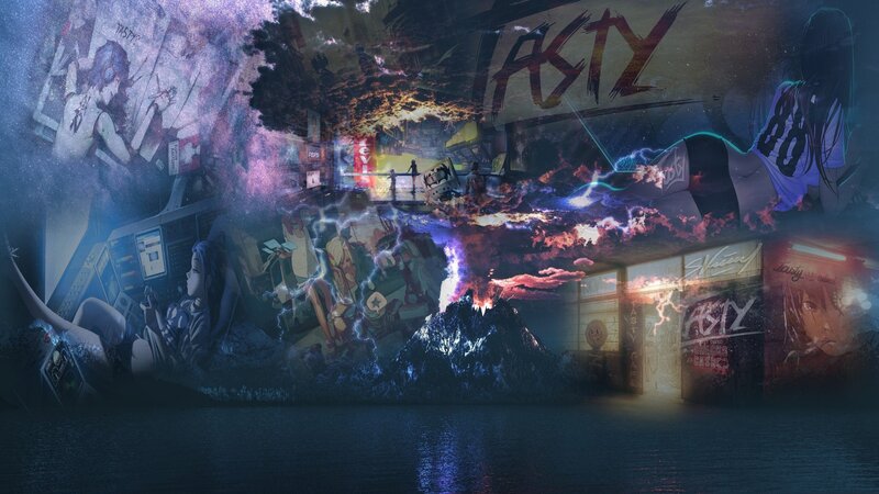 Anime Characters in Collage — Blue, Dramatic, Night