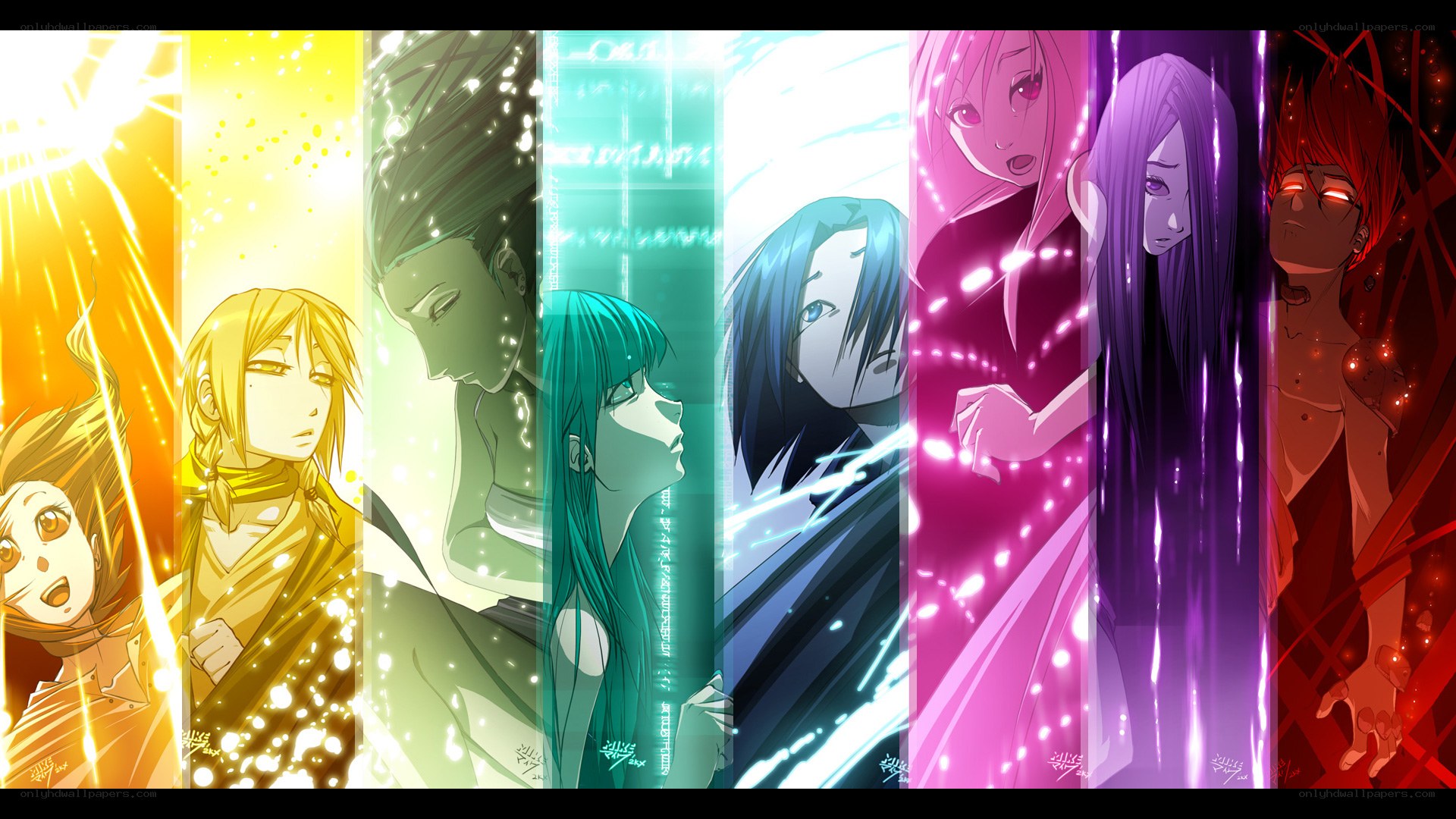 Anime characters in colored panels