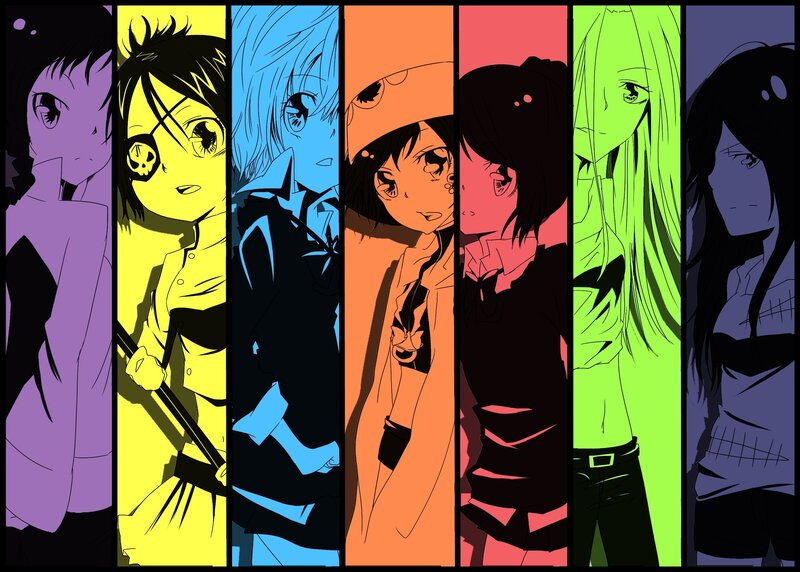 anime characters in colored panels
