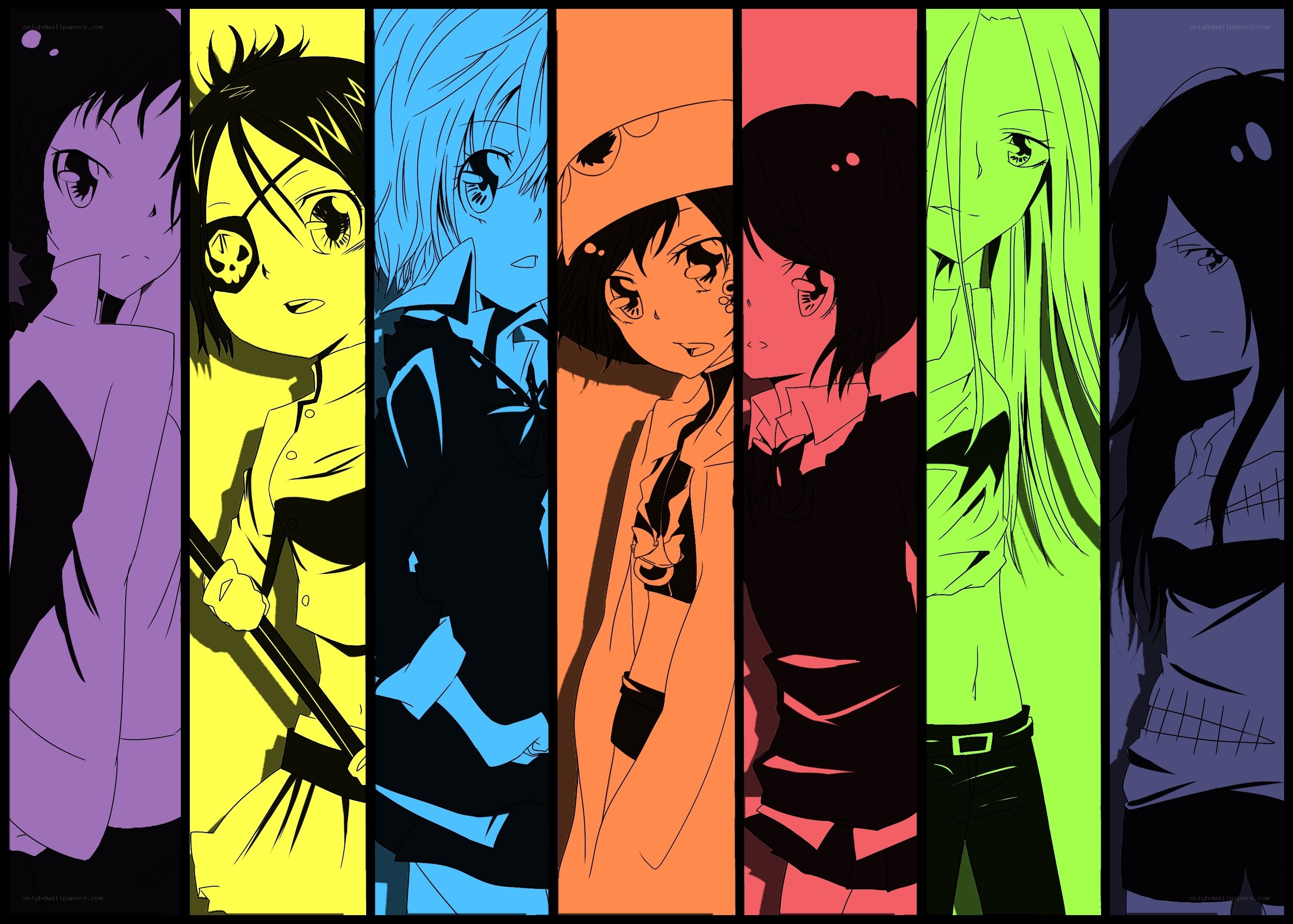 anime characters in colored panels
