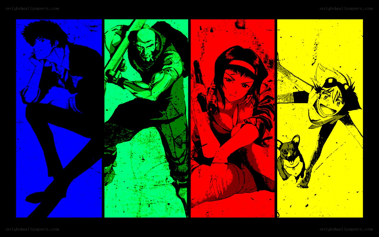 anime characters in colored panels