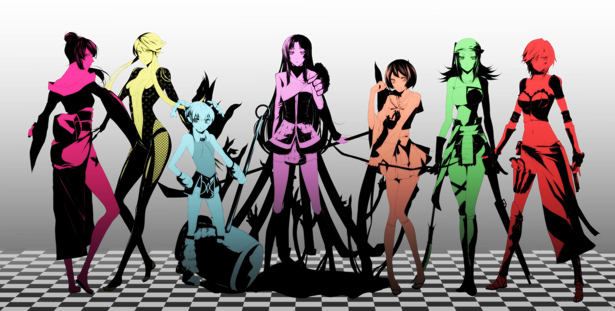 anime characters in colored silhouettes