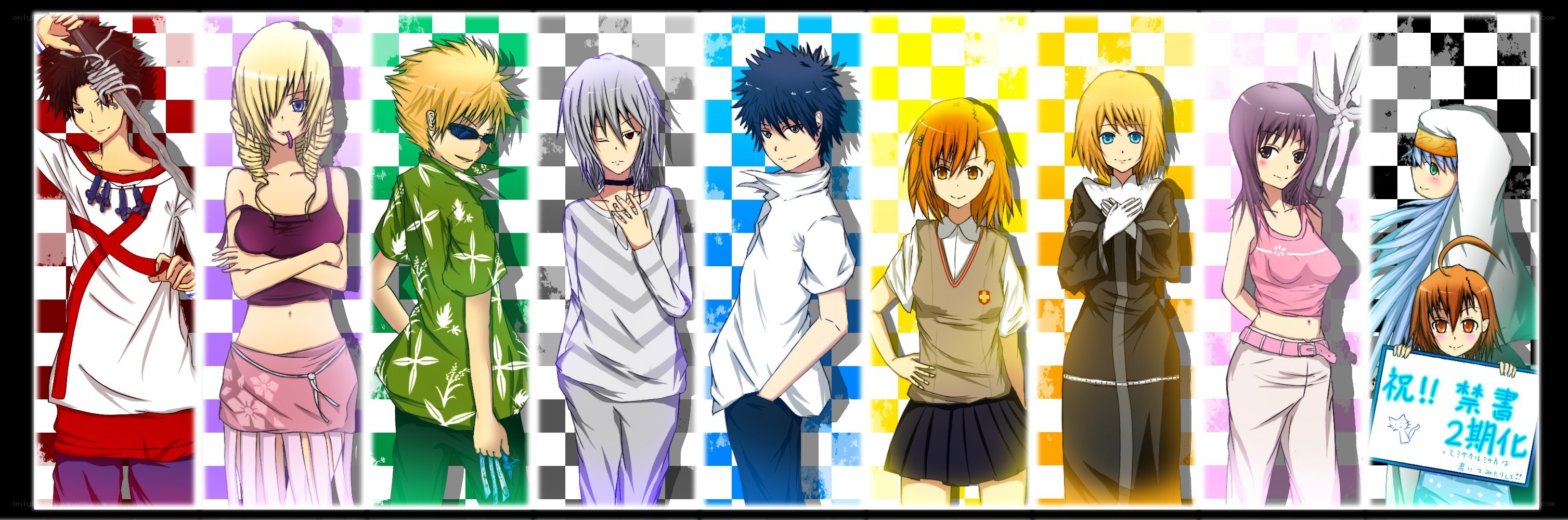 Anime characters in colorful panels
