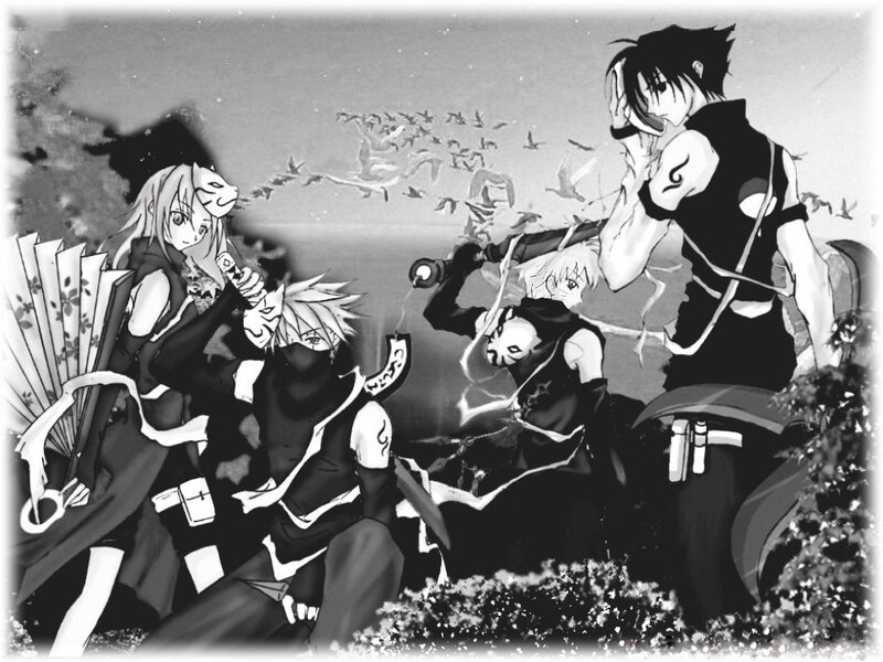 Anime Characters in Combat — Black, Dramatic, Sunset